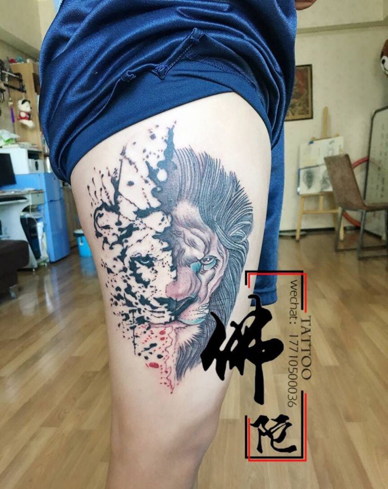 狮子纹身图片_成品腿部欧美几何动物宁夏银川文身 学学习纹身图案