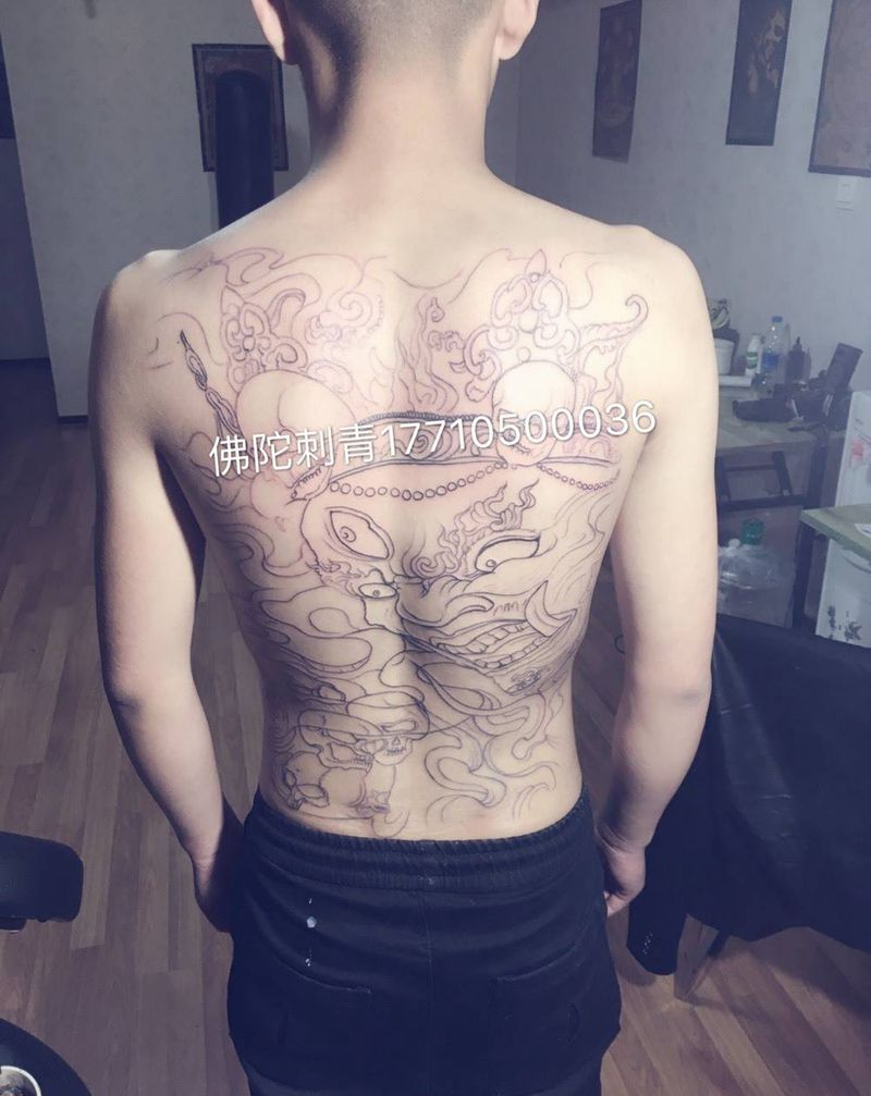 大黑天线条纹身图片_成品手稿背部传统鬼神宁夏银川文身 学习学纹身图案
