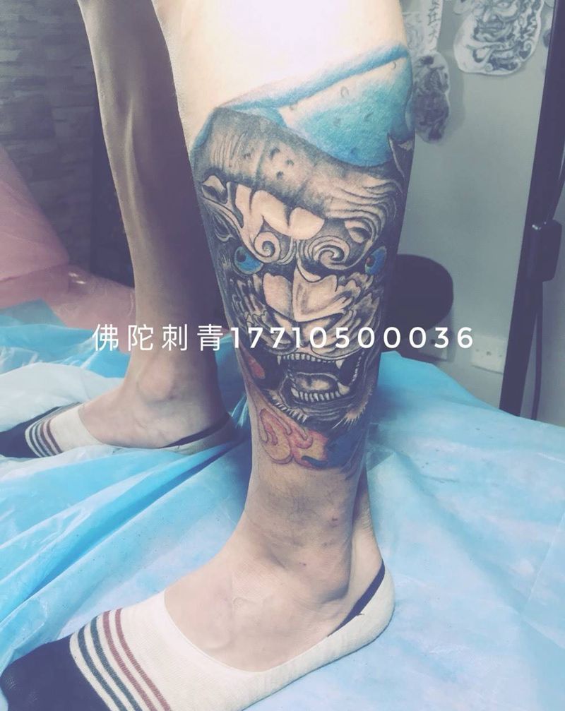 福狮纹身图片_成品腿部传统动物银川宁夏佛陀刺青纹身图案