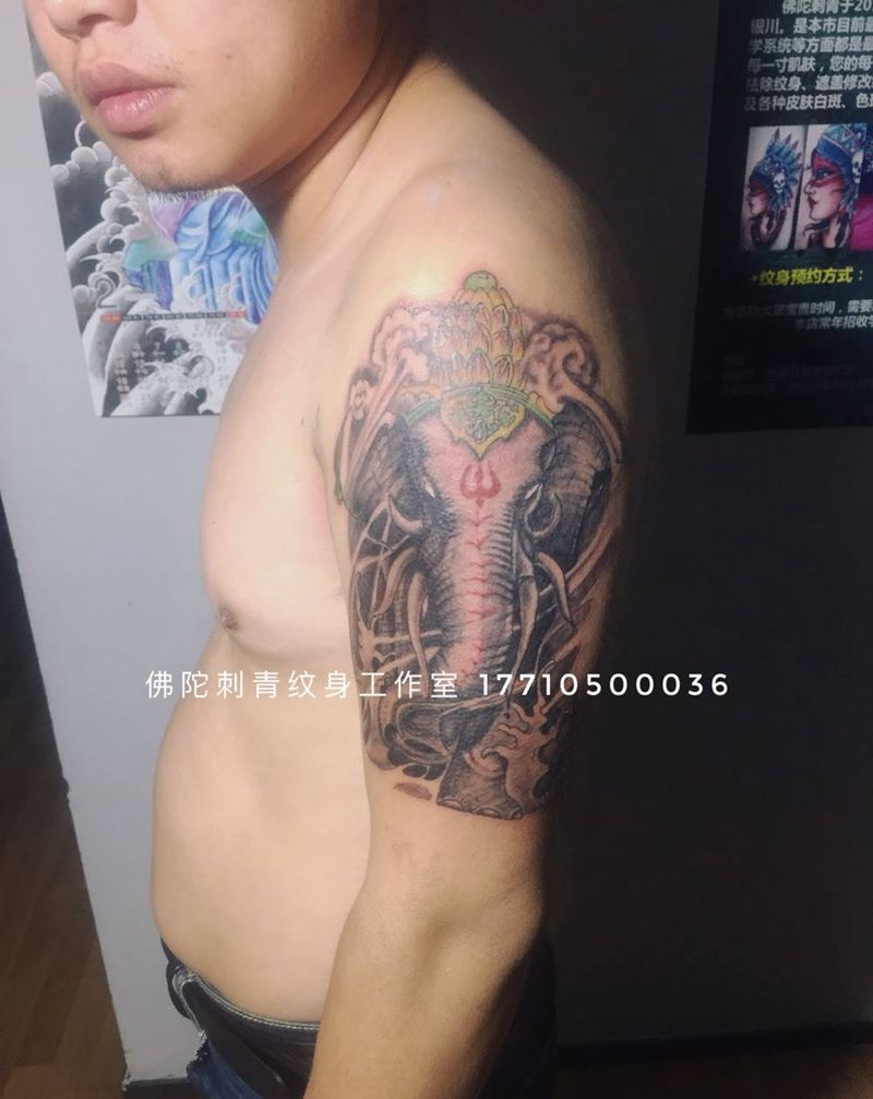 六牙白象纹身图片_成品手臂传统动物宁夏银川佛陀刺青宗教纹身图案