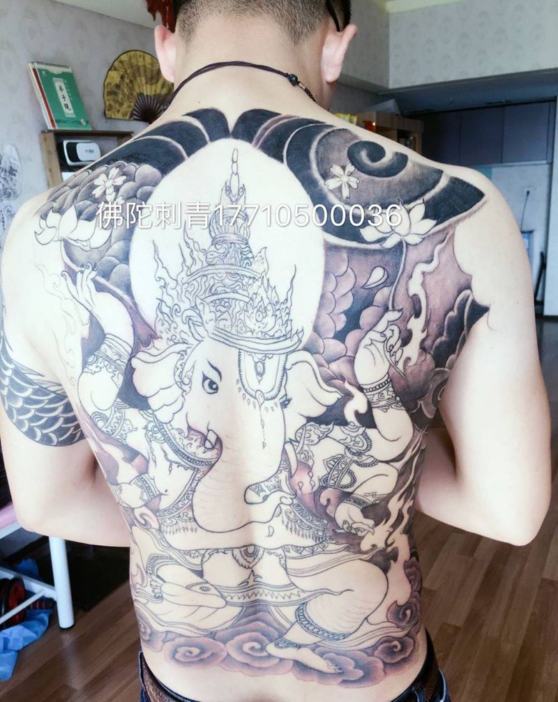 满背象神纹身图片_成品手稿背部传统宗教动物宁夏银川文身 纹身图案