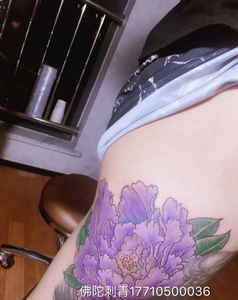 牡丹纹身图片_成品手稿腿部传统植物宁夏银川文身 纹身图案