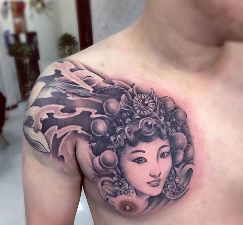 半甲纹身图片_成品手稿胸部肩部传统清新人物银川宁夏纹身图案