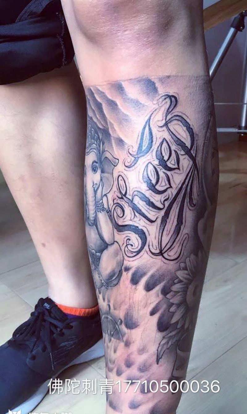 花腿纹身图片_成品手稿腿部脚部欧美传统写实人物动物原创纹身图案