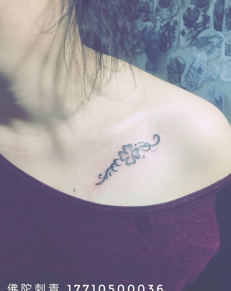 四叶草纹身图片_成品手稿胸部清新植物宁夏银川中国纹身图案