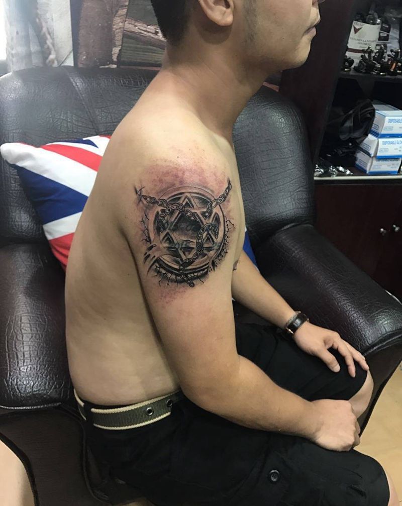 旧图添加六芒星纹身图片_成品手臂清新写实传统几何原创静物揭阳纹身图案