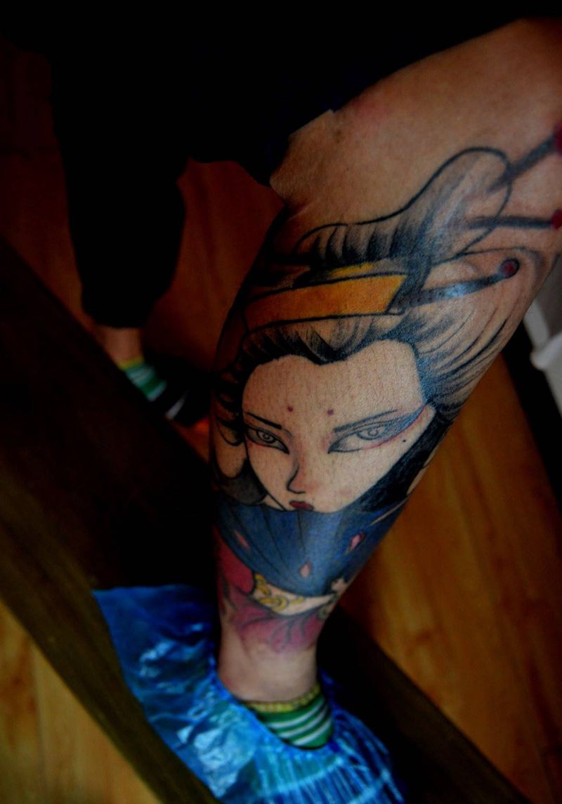 包小腿纹身图片_手稿腿部传统动物鬼神植物人物纹身图案