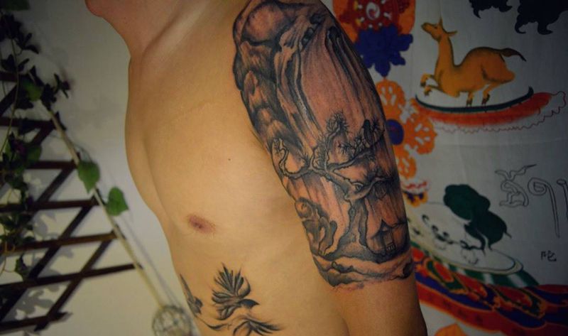 山水未完成纹身图片_手稿手臂传统静物植物动物原创纹身图案