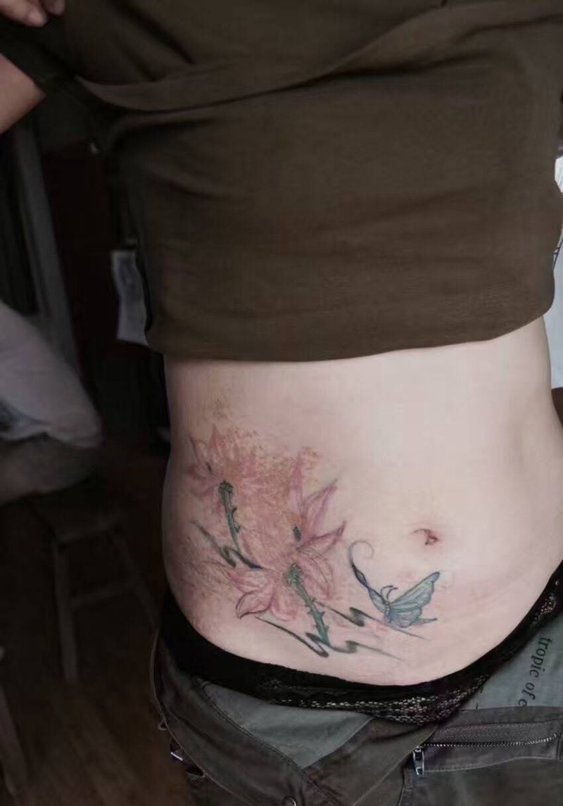 遮盖未完成纹身图片_手稿腹部传统动物字符静物原创植物纹身图案