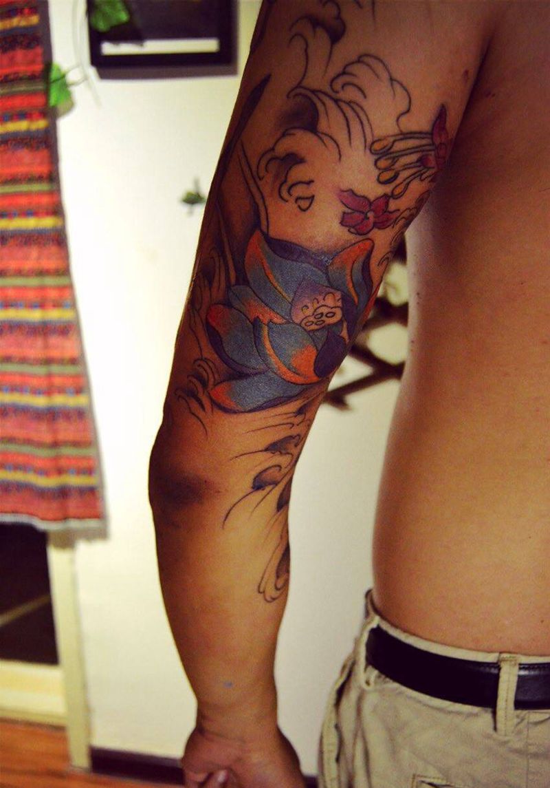 花臂未完成纹身图片_手稿手臂传统动物鬼神植物纹身图案