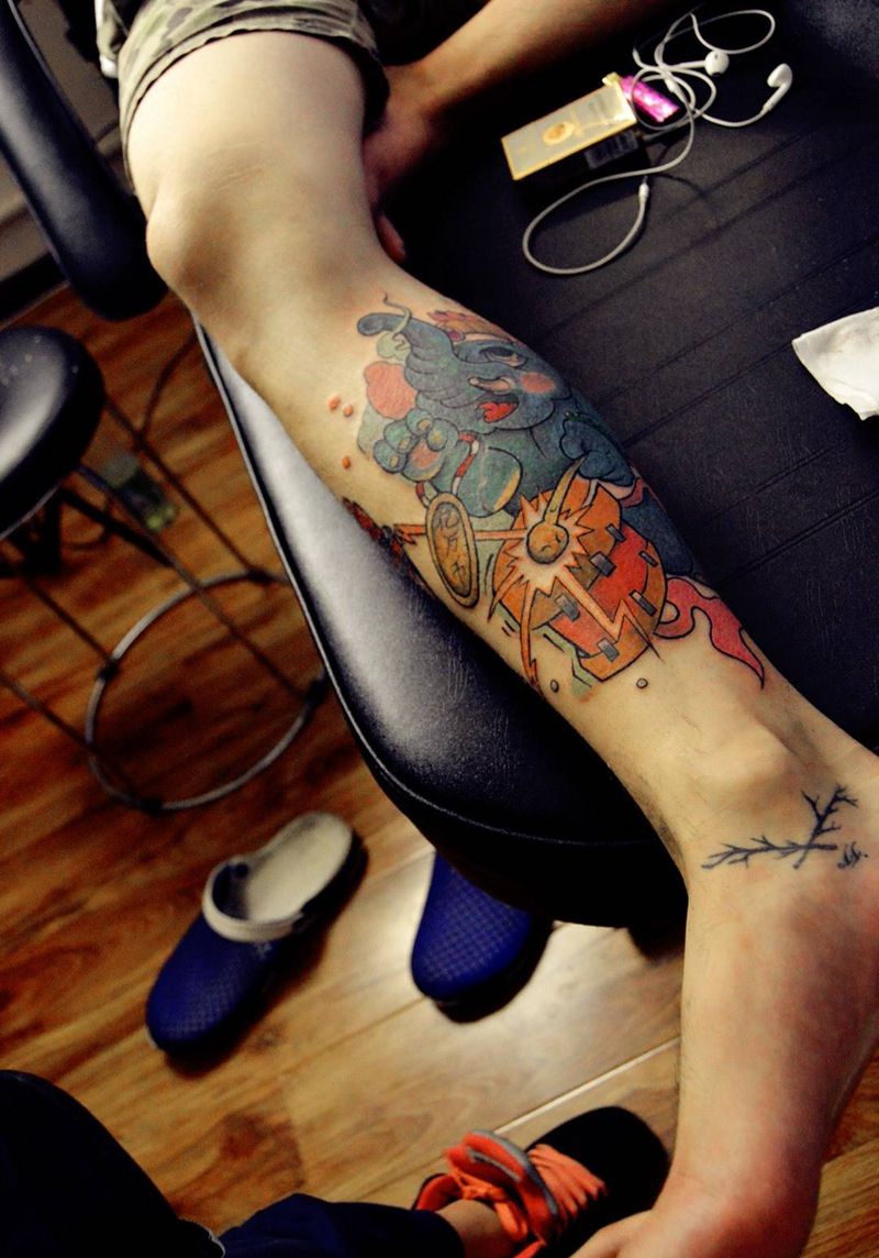 小象纹身图片_成品腿部欧美传统动物纹身图案