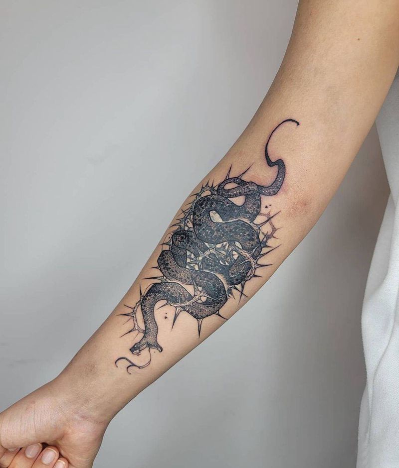 荆棘与蛇纹身图片_手臂纹身图案