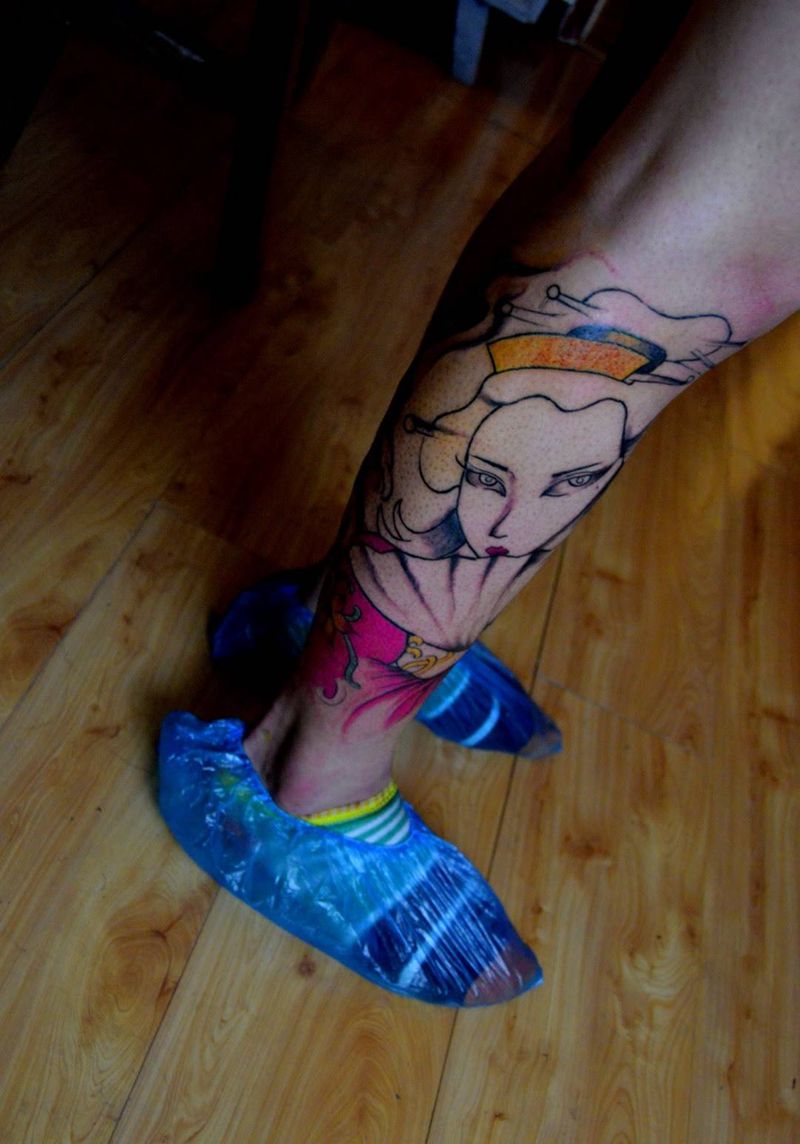 未完成包小腿纹身图片_手稿成品腿部传统纹身图案