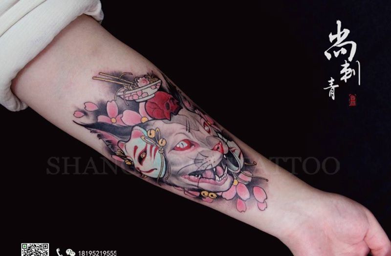 猫妖纹身图片_成品手臂欧美清新动物纹身图案