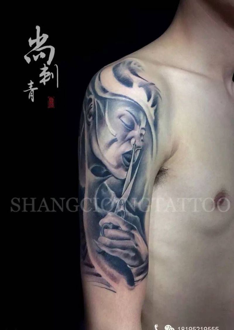 剪刀手纹身图片_成品手臂欧美肖像人物静物纹身图案