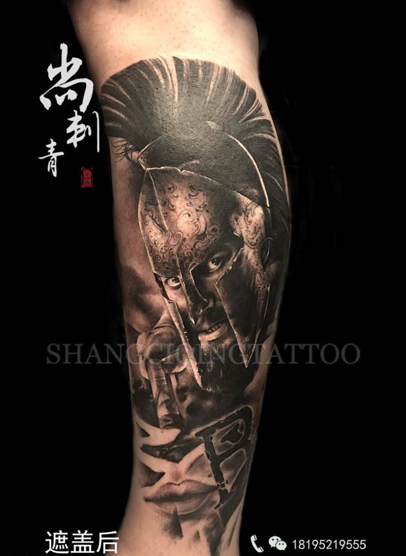 遮盖作品纹身图片_成品腿部欧美写实人物遮盖纹身图案