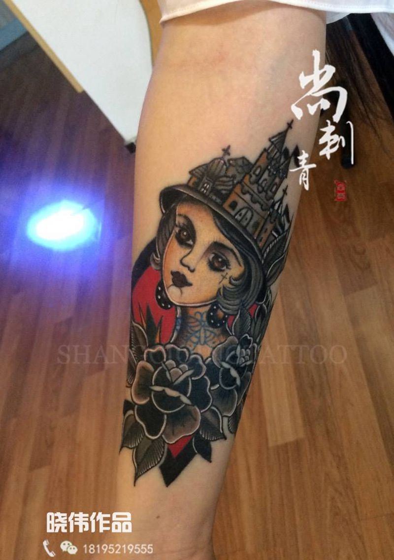 欧美纹身图片_成品手臂欧美传统清新人物植物纹身图案