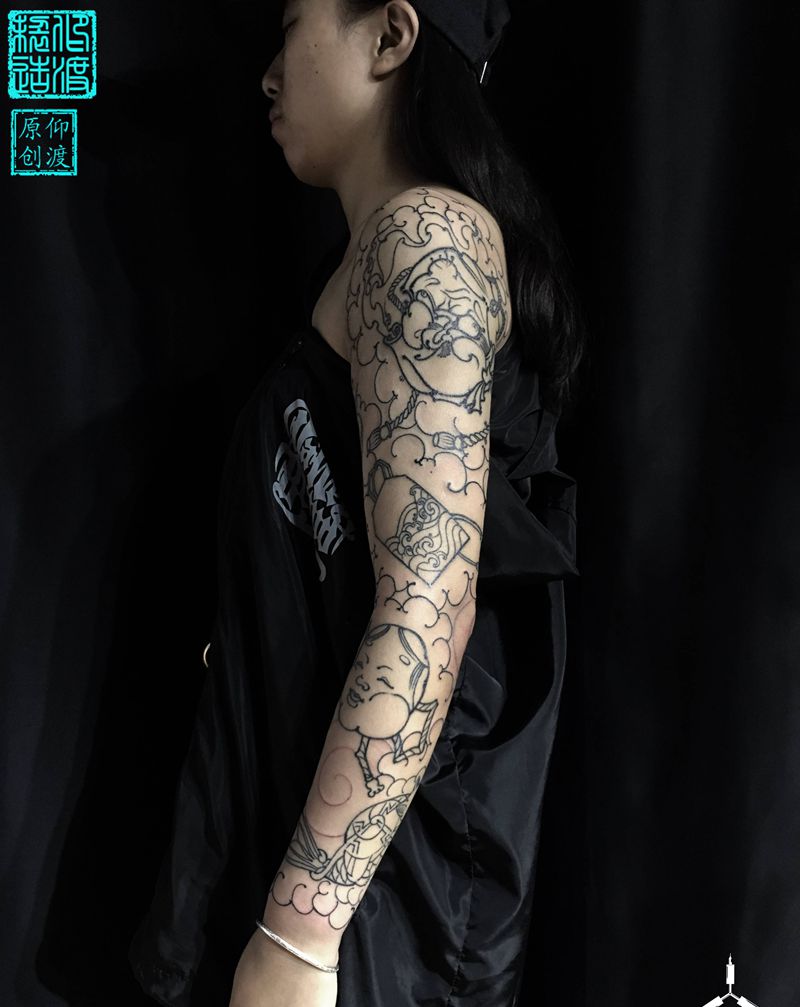 日式传统花臂线条／纹身图片_手臂老传统原创纹身图案