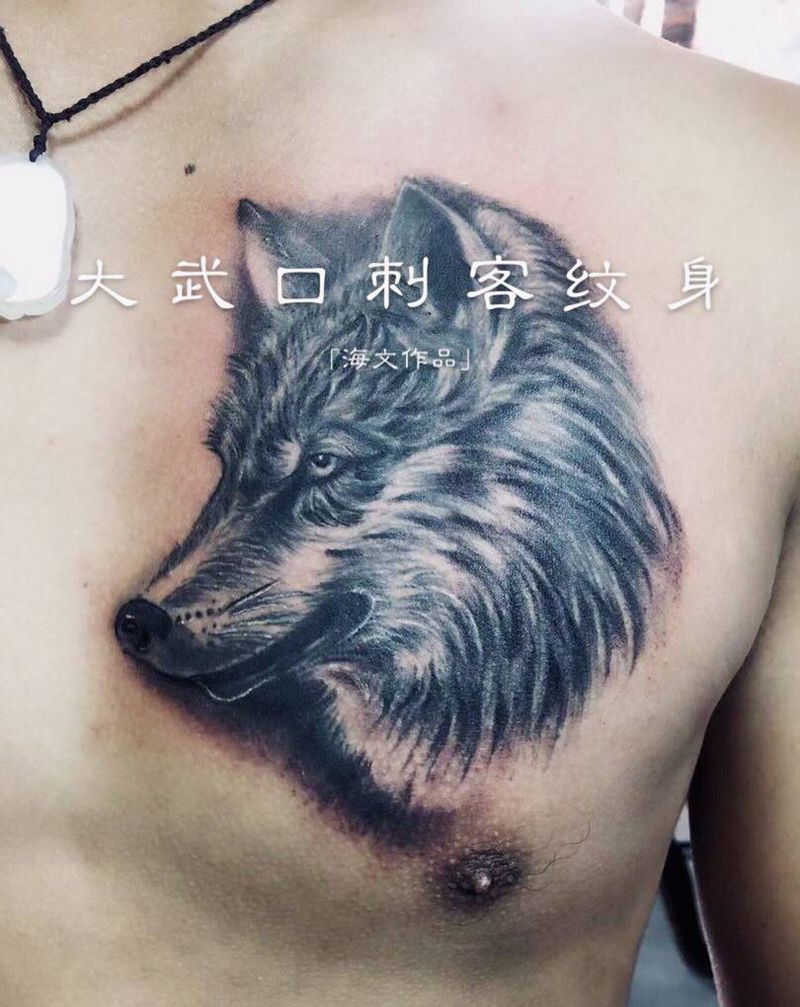 狼纹身图片_胸部纹身图案