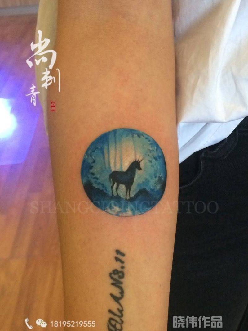 独角兽纹身图片_成品手臂清新动物纹身图案