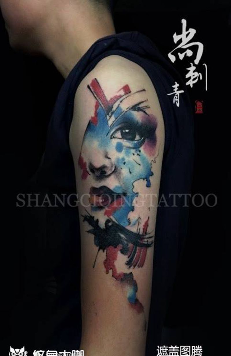 遮盖图腾纹身图片_成品手臂欧美几何人物原创纹身图案