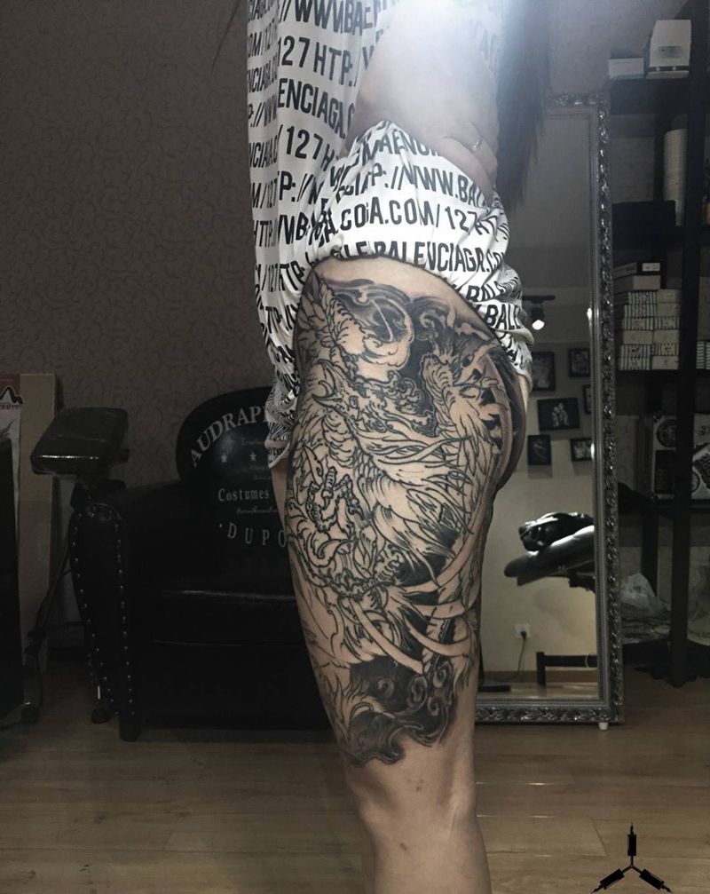 大腿／凤凰／未完成…纹身图片_臀部腿部新传统凤凰纹身图案