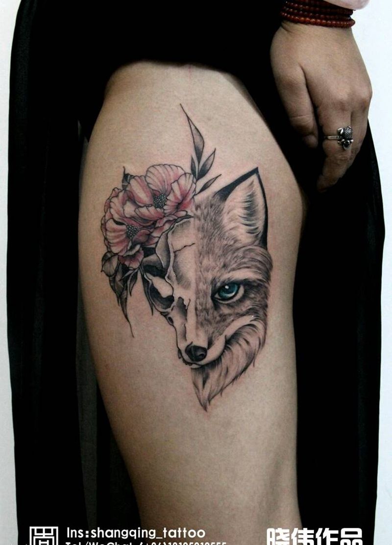 狐纹身图片_腿部欧美清新动物植物成品纹身图案