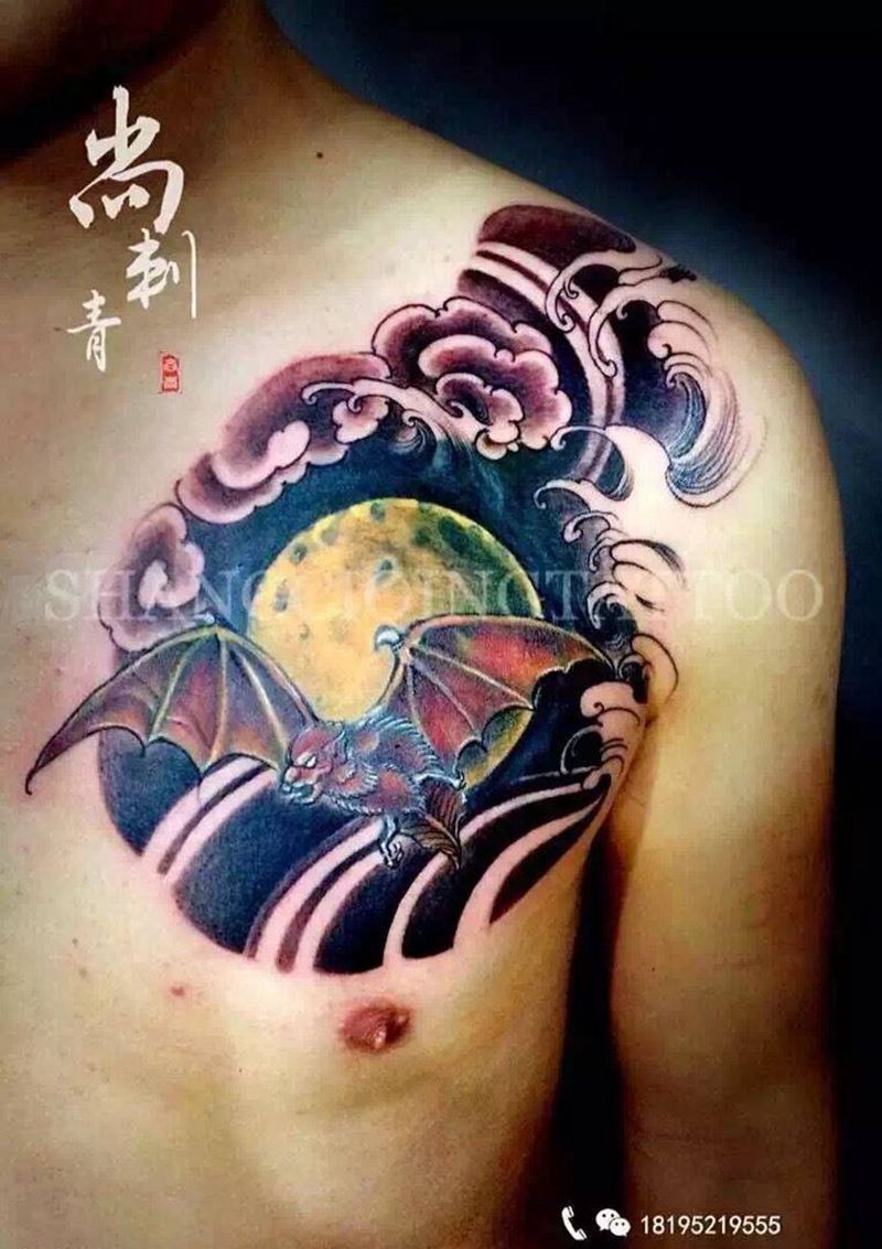 修改半甲蝙蝠纹身图片_成品胸部传统动物纹身图案