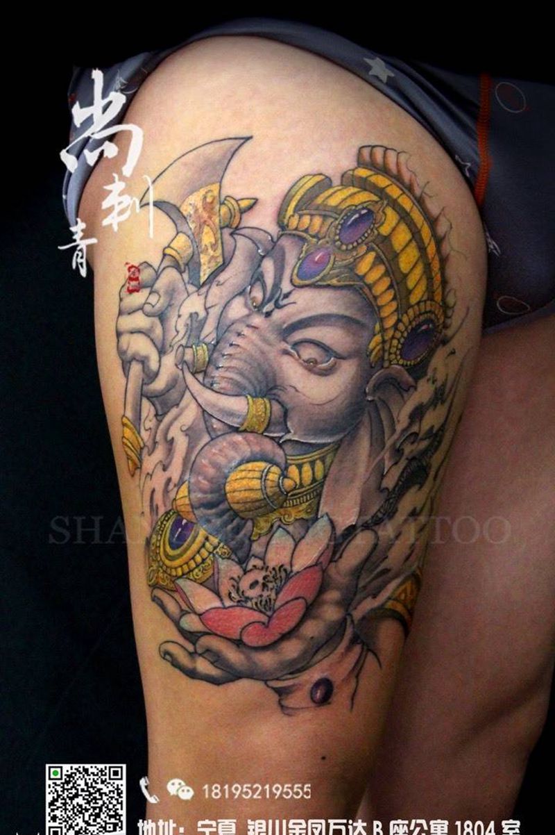 象神纹身图片_成品腿部传统鬼神纹身图案