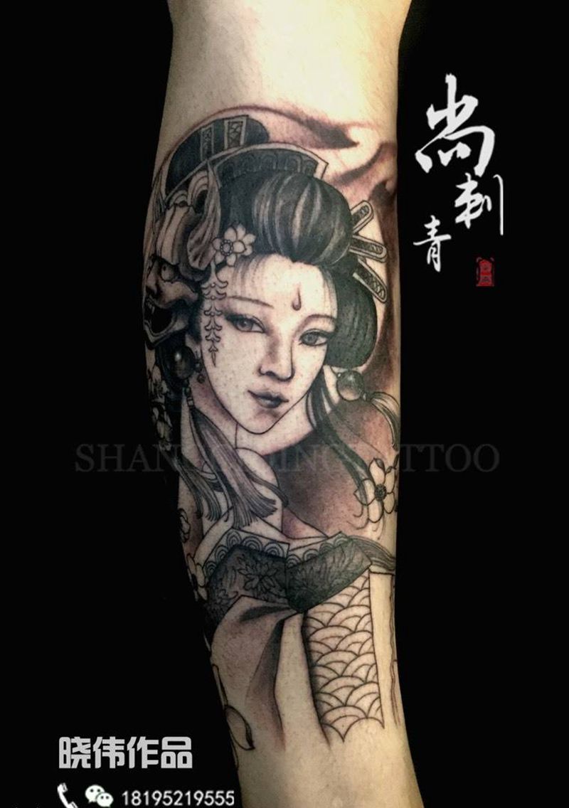艺妓纹身图片_成品腿部传统清新肖像人物纹身图案