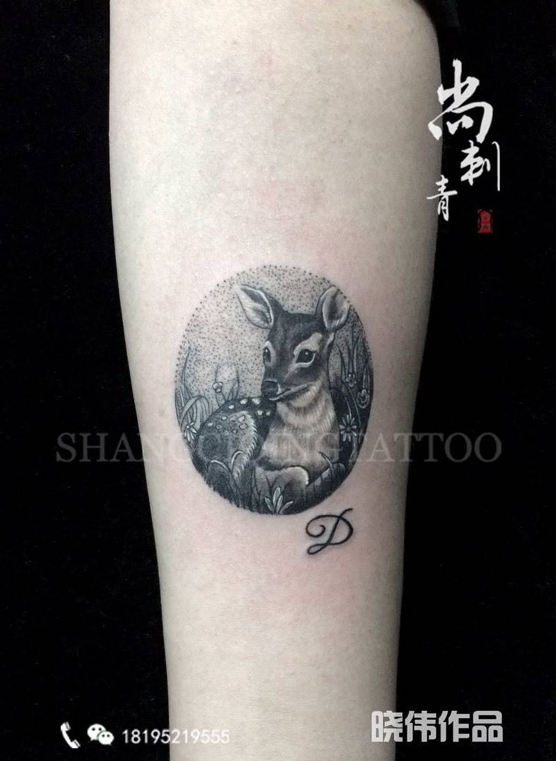 点刺小鹿纹身图片_成品手臂清新动物纹身图案