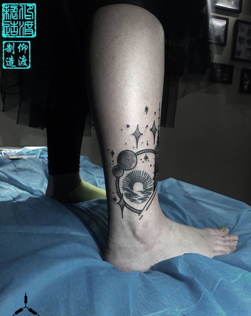 旧图添加纹身图片_腿部几何原创纹身图案