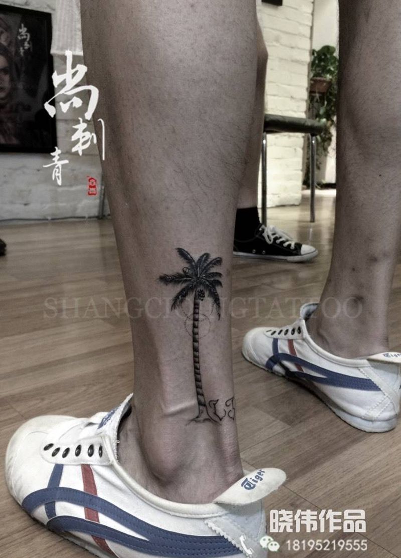 椰子树纹身图片_成品腿部欧美清新植物纹身图案