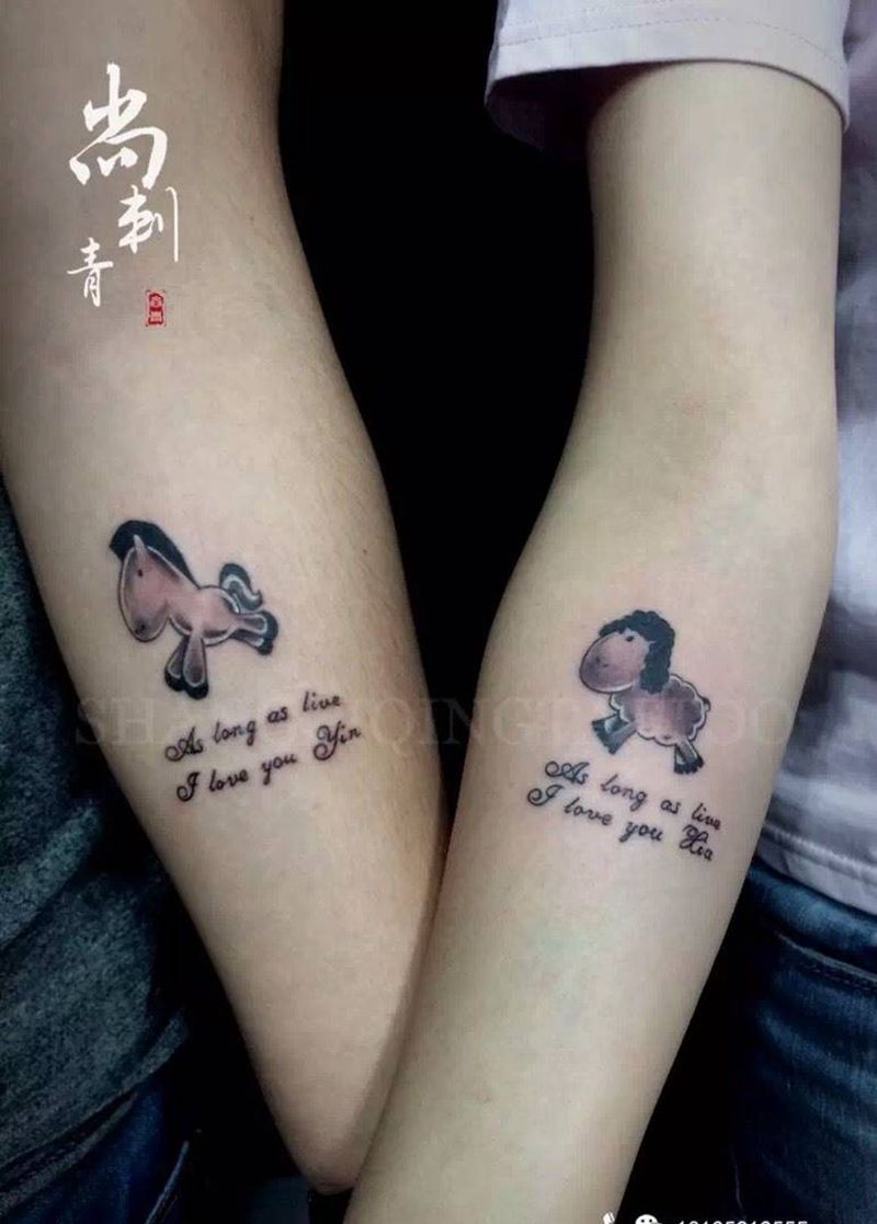 情侣小图纹身图片_成品手臂清新欧美动物情侣纹身图案
