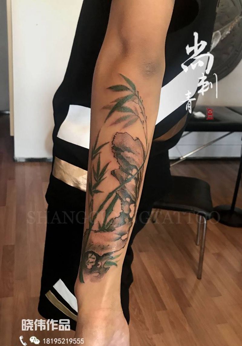 石头，竹子纹身图片_成品手臂传统植物静物纹身图案
