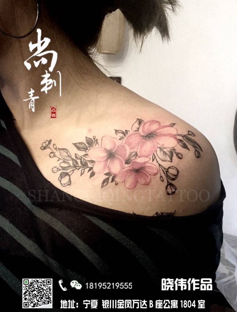 肩花纹身图片_成品肩部清新欧美植物纹身图案