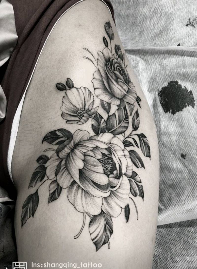 繁花纹身图片_腿部欧美清新植物成品纹身图案