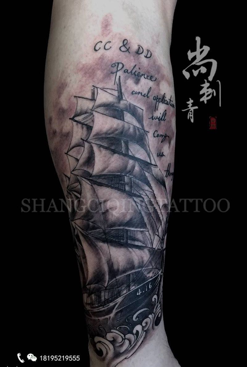 帆船纹身图片_成品腿部欧美写实字符静物纹身图案