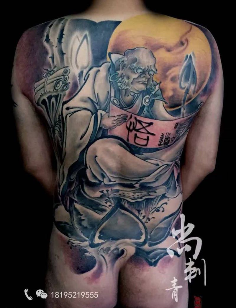 罗汉纹身图片_成品背部传统国画人物纹身图案