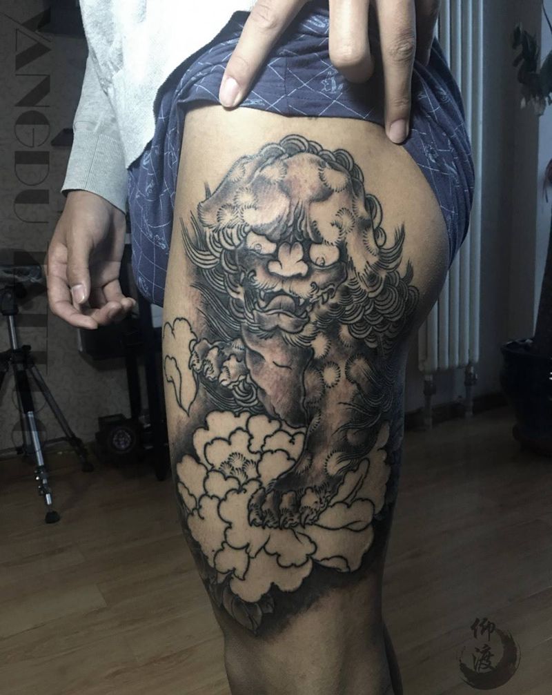 富贵唐狮纹身图片_原创传统腿部纹身图案