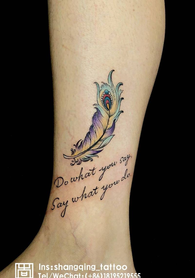 羽毛纹身图片_腿部欧美清新成品纹身图案