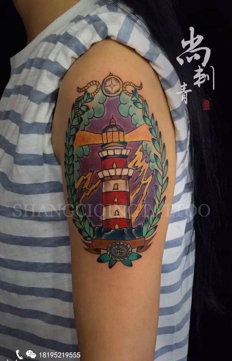 灯塔纹身图片_成品手臂欧美传统静物纹身图案