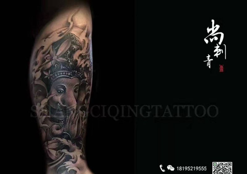 象神纹身图片_成品腿部传统鬼神宗教动物纹身图案