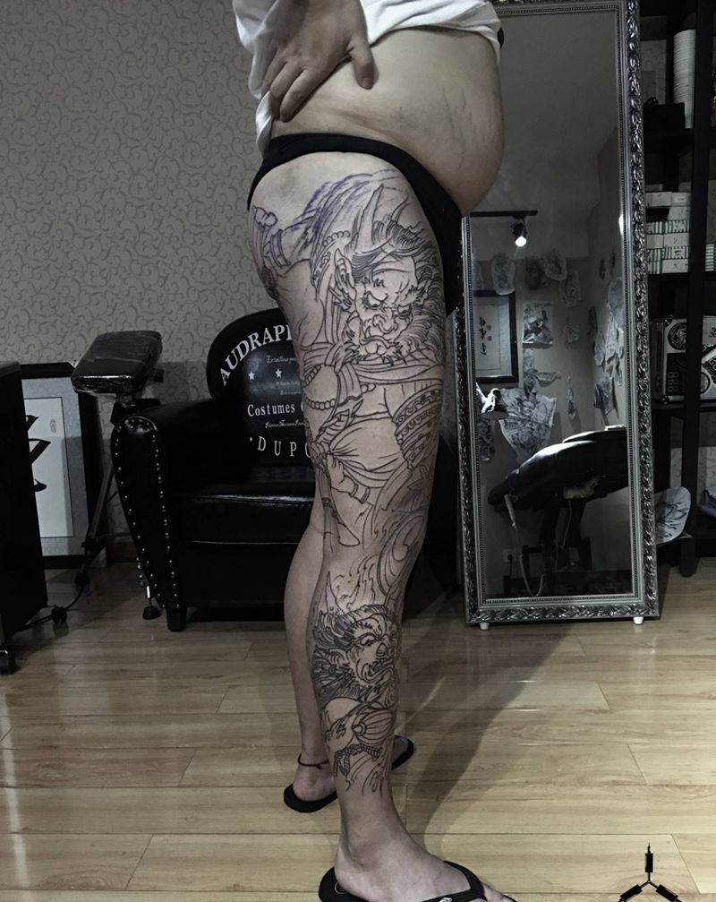 花腿／雷神／风神／初线纹身图片_原创纹身图案