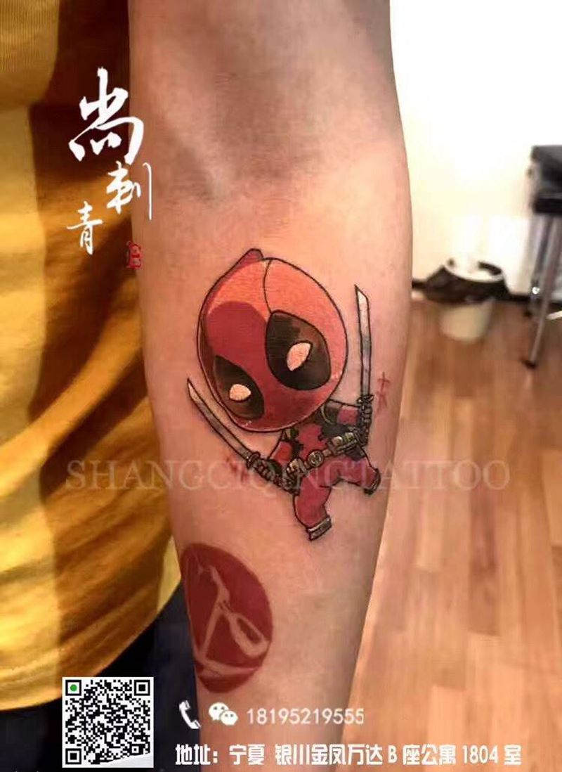 q版死侍纹身图片_成品手臂欧美清新人物纹身图案