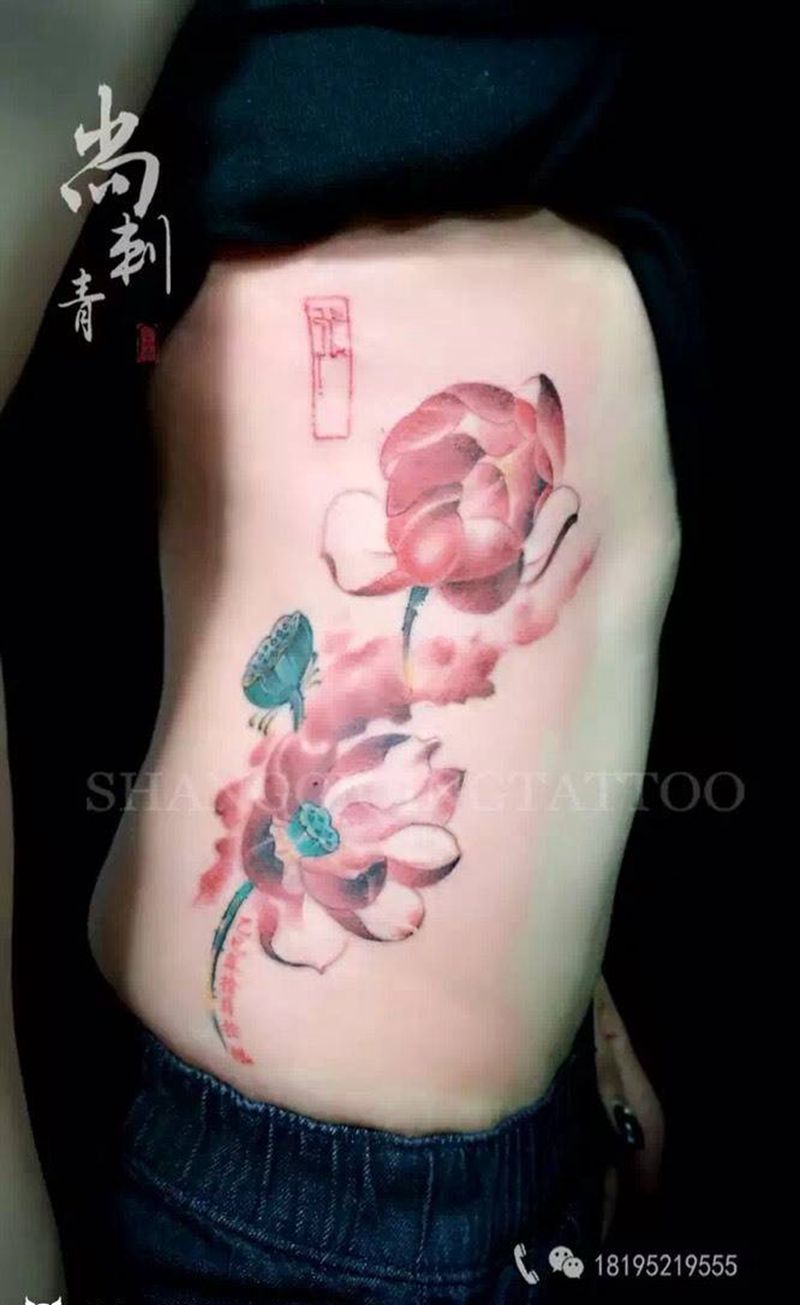 花纹身图片_成品腰部传统国画植物原创纹身图案