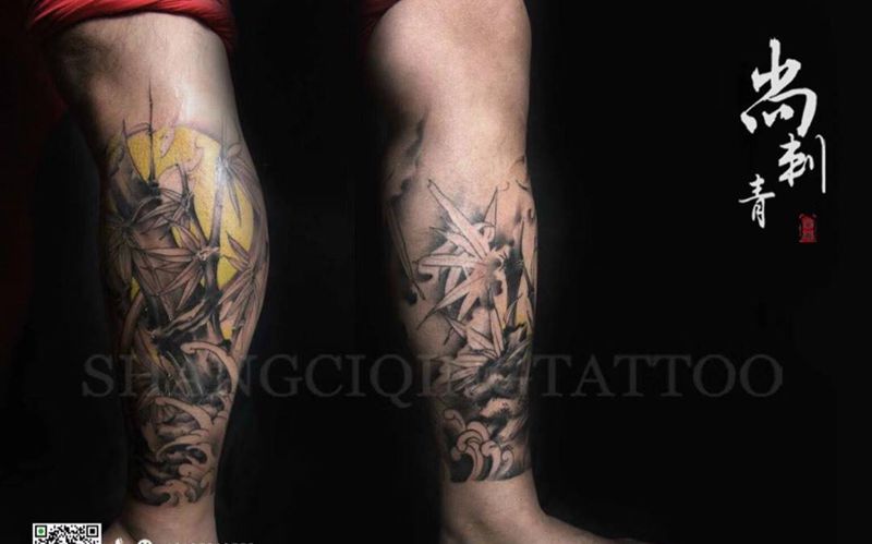 竹纹身图片_成品腿部传统原创植物纹身图案