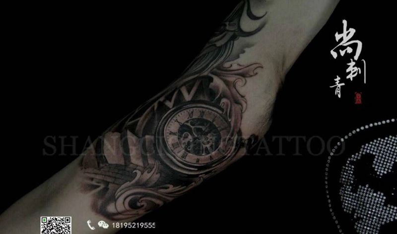 添加怀表纹身图片_成品手臂欧美写实原创静物纹身图案