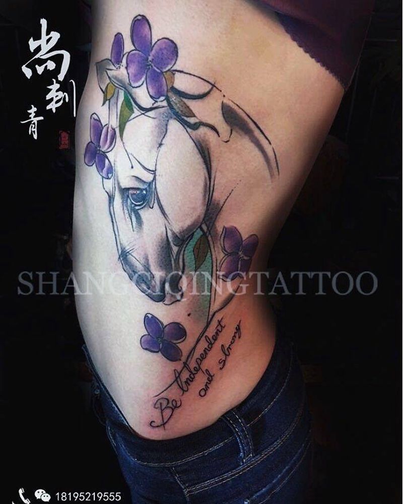 马纹身图片_成品腰部欧美清新动物植物纹身图案