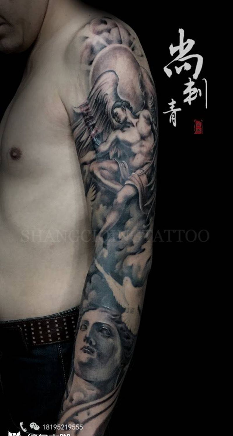 花臂未完成纹身图片_手臂欧美肖像写实人物鬼神宗教纹身图案